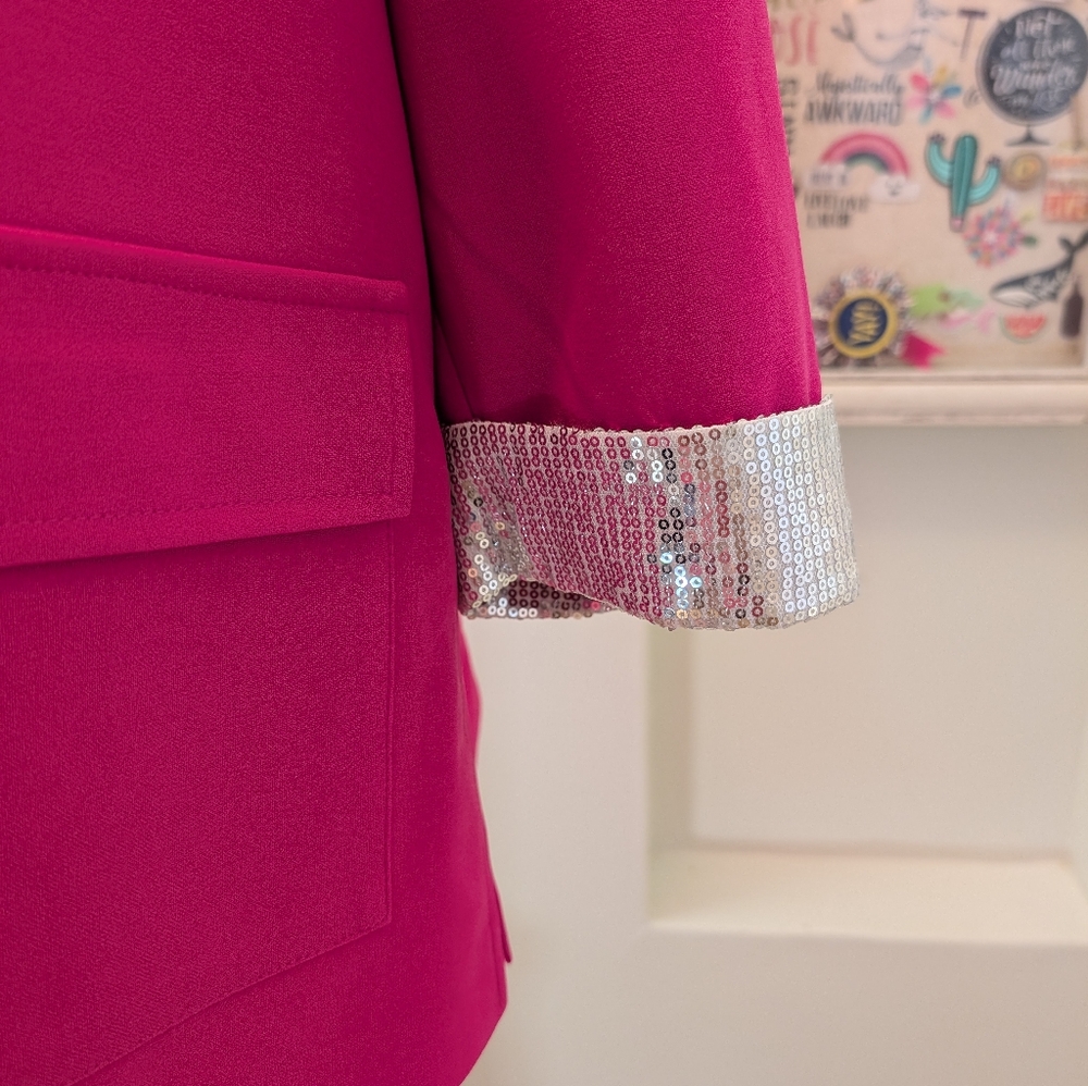 Women's Hot Pink Blazer with Silver Sequin Cuffs Andrée by Unit 1X - Picture 4 of 4